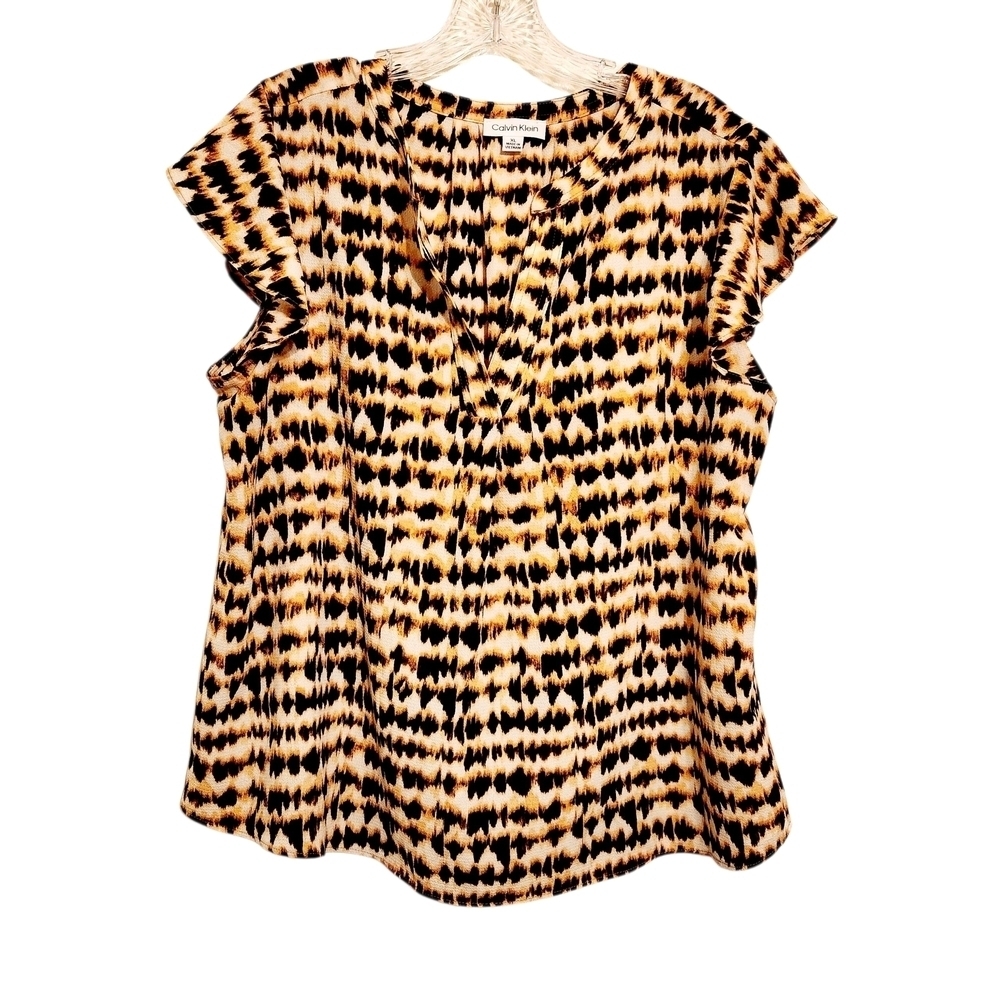 Calvin Klein | Women's Black and Tan Animal Print V-Neck Blouse Top (Size XL) - Picture 1 of 11